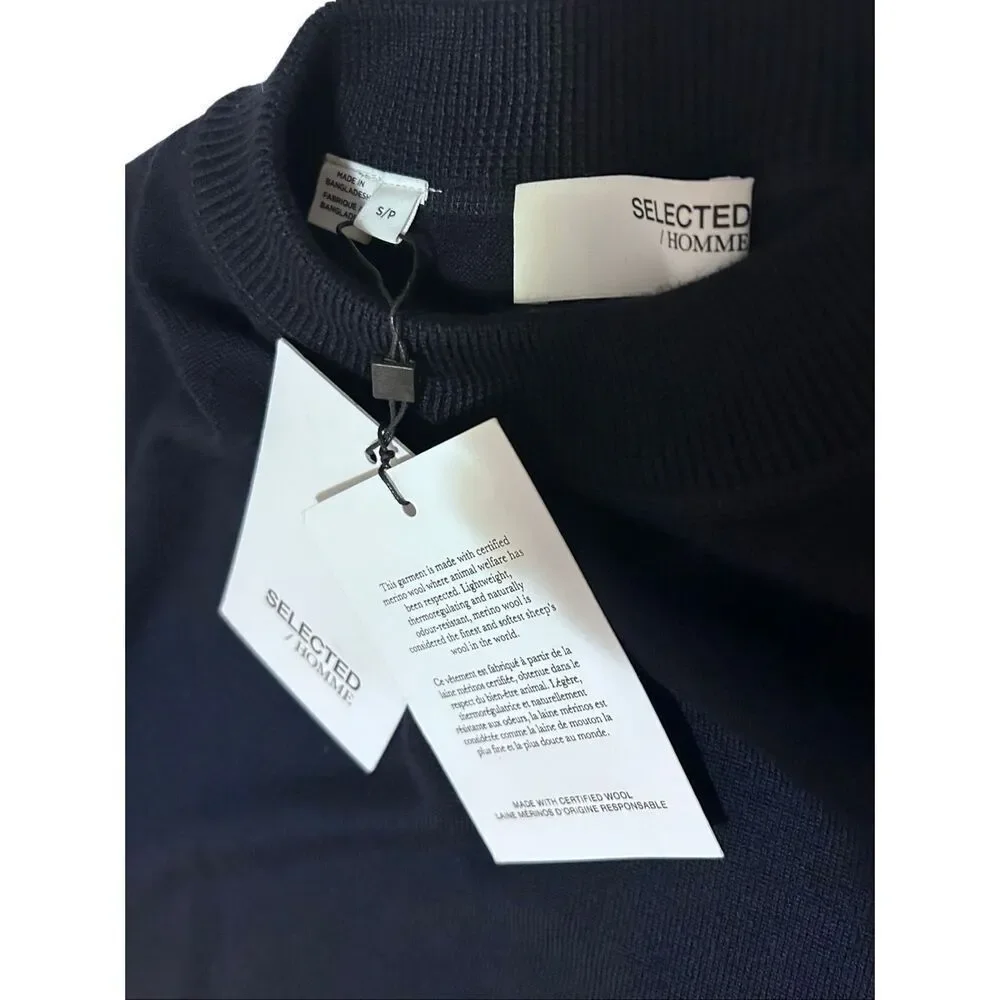 Selected Homme Men’s S Navy 100% Merino Wool Mock Neck Knit Sweater NWT